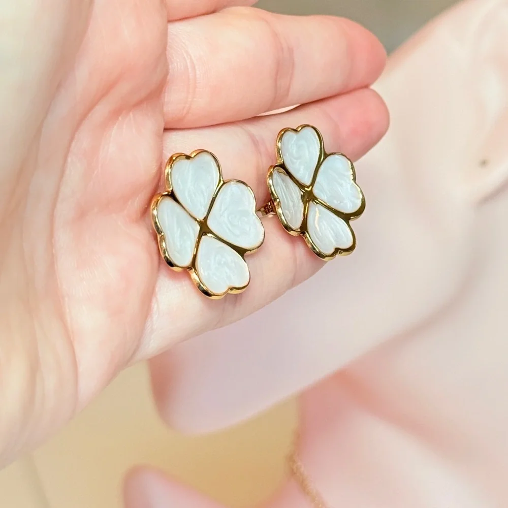 Gold and White Flower Earrings